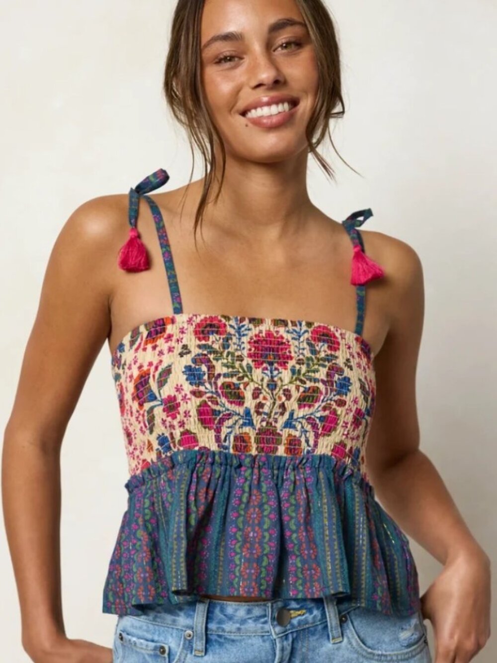 Natural Life NWT Gracie Smoked Tassel Tank Top Peplum Hem